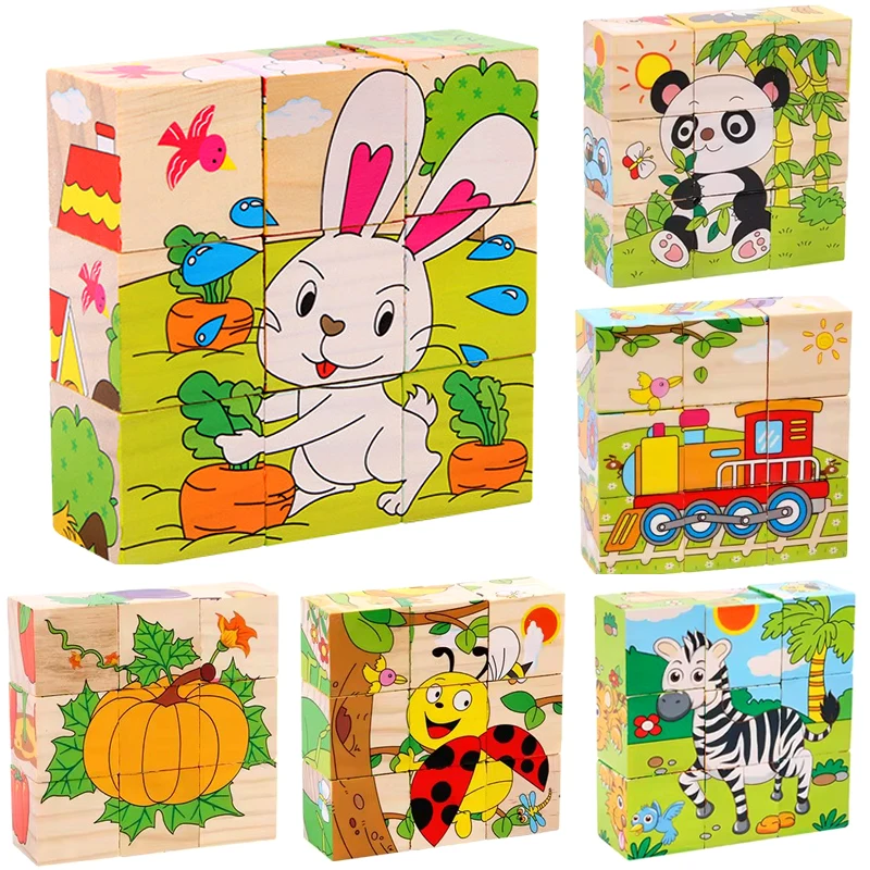 Baby Wooden Blocks Toys Children Six Side Cube Jigsaw Puzzles Game Animal Fruit Traffic Cognize Early Learning Educational Toys