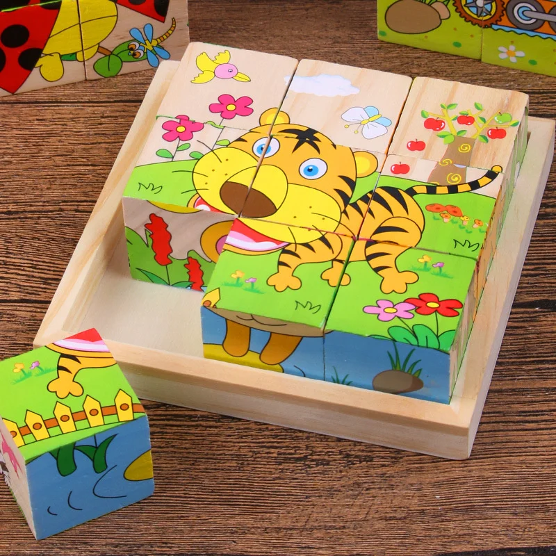 Baby Wooden Blocks Toys Children Six Side Cube Jigsaw Puzzles Game Animal Fruit Traffic Cognize Early Learning Educational Toys thumbnail 4