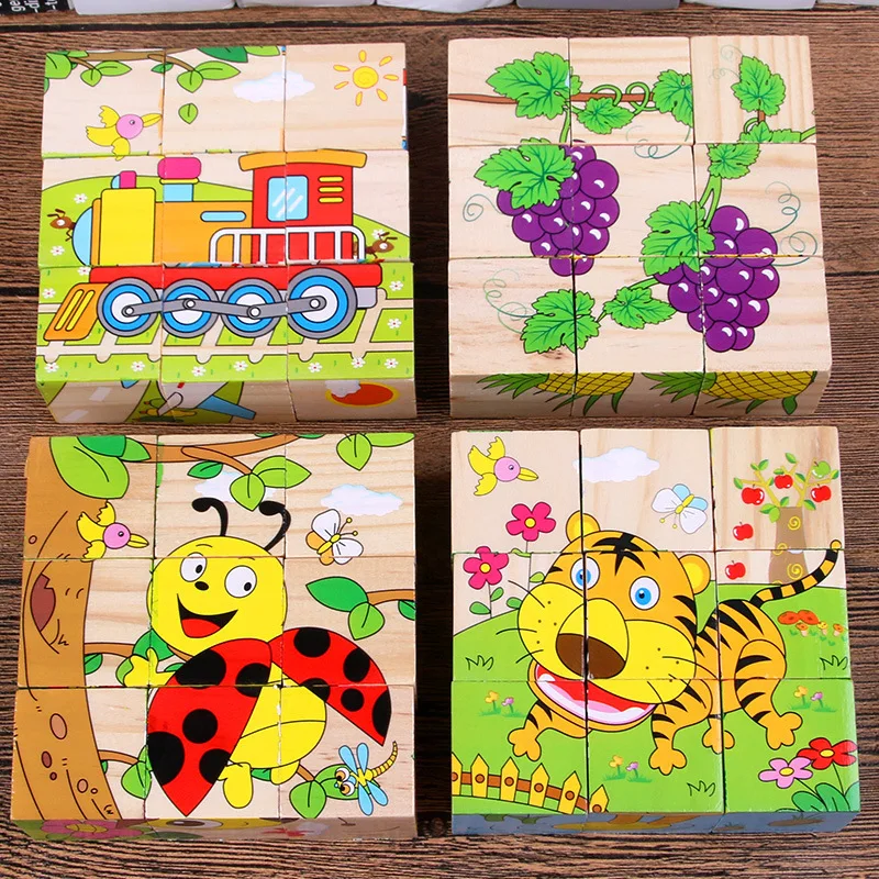 Baby Wooden Blocks Toys Children Six Side Cube Jigsaw Puzzles Game Animal Fruit Traffic Cognize Early Learning Educational Toys thumbnail 2