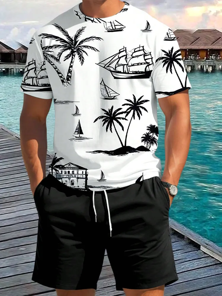 Gradient Print Men's Short Sleeve Shorts Set Hawaiian Men's Fashion Set Summer Men's Casual T-shirt Outdoor Beach Men's Shorts thumbnail 5