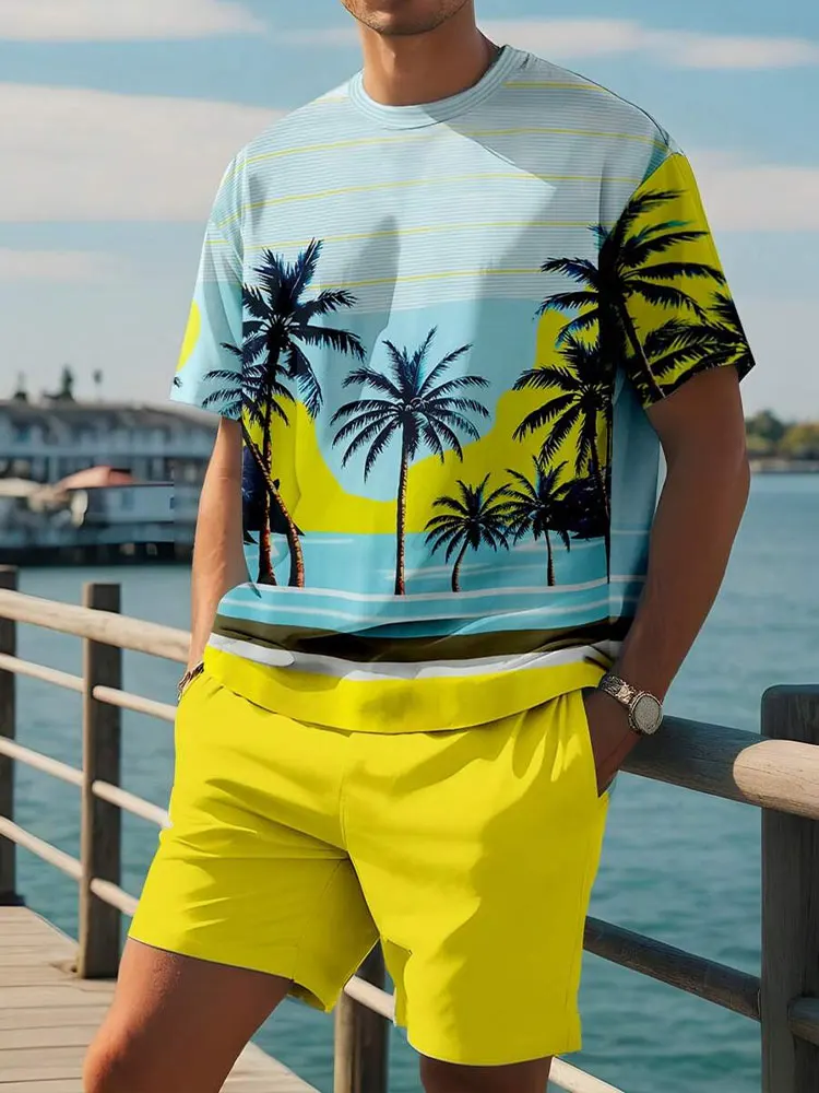 Gradient Print Men's Short Sleeve Shorts Set Hawaiian Men's Fashion Set Summer Men's Casual T-shirt Outdoor Beach Men's Shorts thumbnail 4