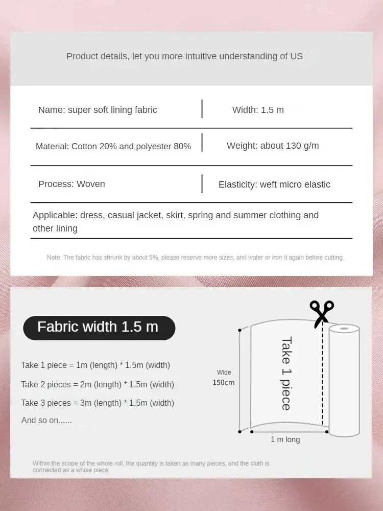 Silky Smooth Polyester Cotton Lining Fabric Summer By Meters for Dress Jacket Skirt Sewing Inner Cloth Thin Anti-wrinkle Plain thumbnail 3