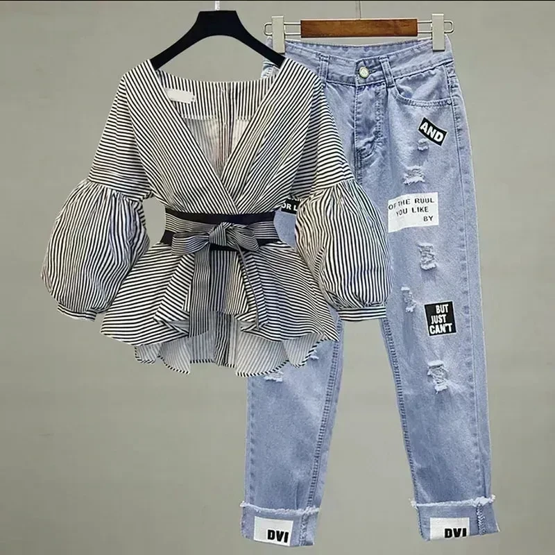 Women Elegant V-Neck Stripe Lantern Sleeve Bow Belt Trend Slim Chiffon Shirt Top And Korean Ripped Jeans Office Lady Casual Suit thumbnail 2