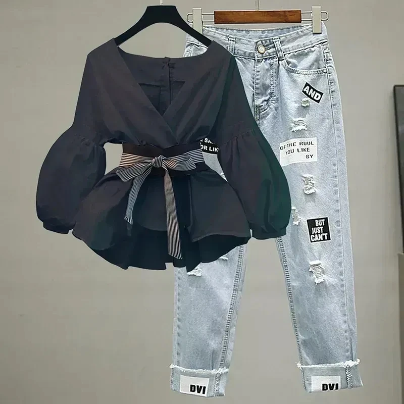 Women Elegant V-Neck Stripe Lantern Sleeve Bow Belt Trend Slim Chiffon Shirt Top And Korean Ripped Jeans Office Lady Casual Suit thumbnail 3