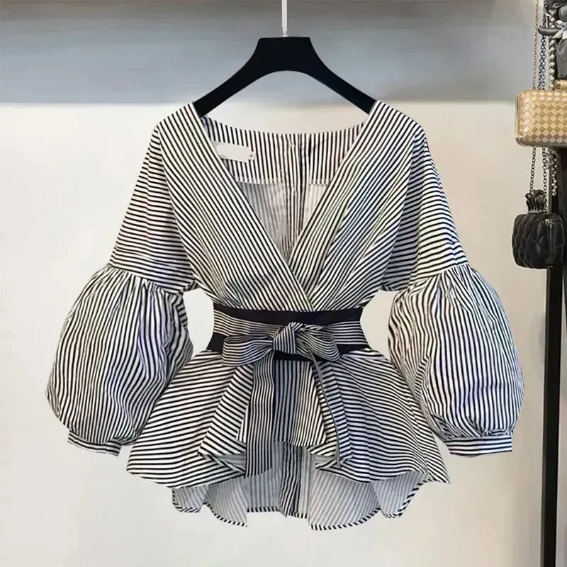 Women Elegant V-Neck Stripe Lantern Sleeve Bow Belt Trend Slim Chiffon Shirt Top And Korean Ripped Jeans Office Lady Casual Suit thumbnail 4