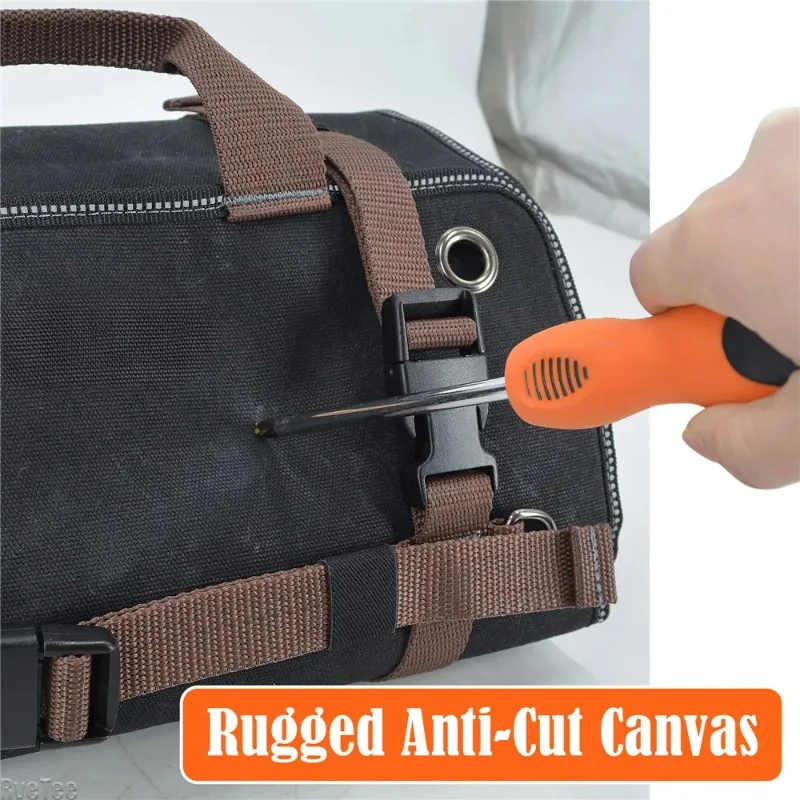 1680D Heavy Duty Waxed Canvas Tool Roll Up Bag, 15-Pockets Professional Organizer for Mechanic Electrician, Waterproof Tool Wrap thumbnail 2
