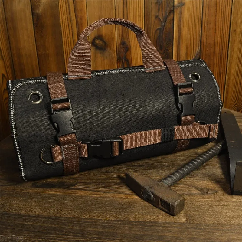 1680D Heavy Duty Waxed Canvas Tool Roll Up Bag, 15-Pockets Professional Organizer for Mechanic Electrician, Waterproof Tool Wrap thumbnail 4