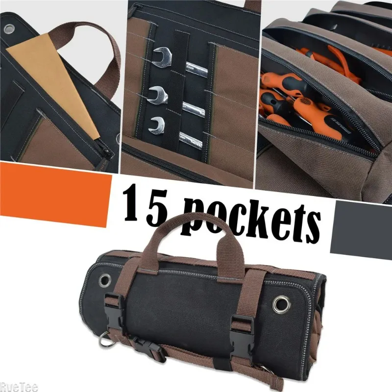 1680D Heavy Duty Waxed Canvas Tool Roll Up Bag, 15-Pockets Professional Organizer for Mechanic Electrician, Waterproof Tool Wrap thumbnail 3