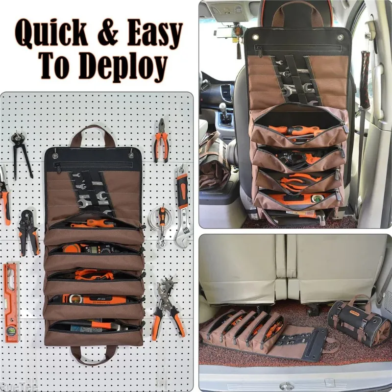 1680D Heavy Duty Waxed Canvas Tool Roll Up Bag, 15-Pockets Professional Organizer for Mechanic Electrician, Waterproof Tool Wrap thumbnail 5