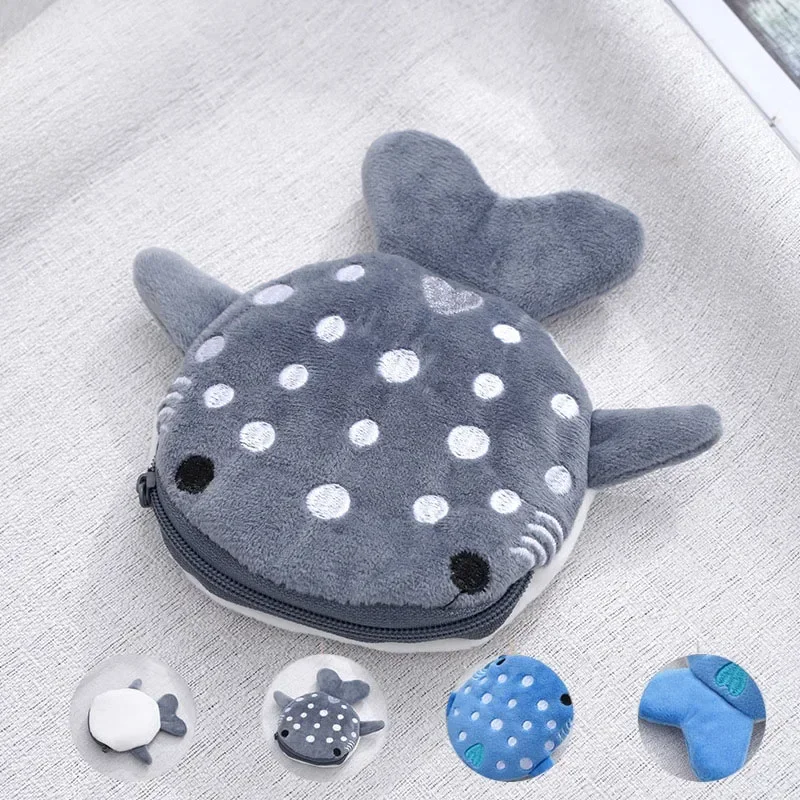 Plush Grey Small Whales Coin Purse Cute Zipper Women's Coin Wallet Shark Shape Girls Earphone Money Storage Bag Key Bag Purse thumbnail 2