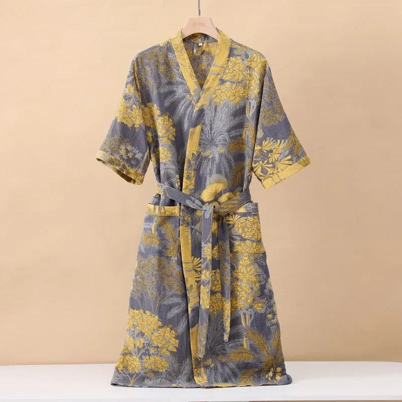 Cotton Fashionable Printed Half Sleeve Kimono Bathrobe for Spring and Summer Thin Home Wear Absorbent Quick Drying Sleeping Robe thumbnail 4