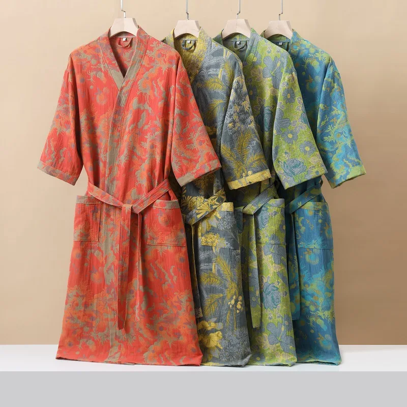 Cotton Fashionable Printed Half Sleeve Kimono Bathrobe for Spring and Summer Thin Home Wear Absorbent Quick Drying Sleeping Robe thumbnail 2