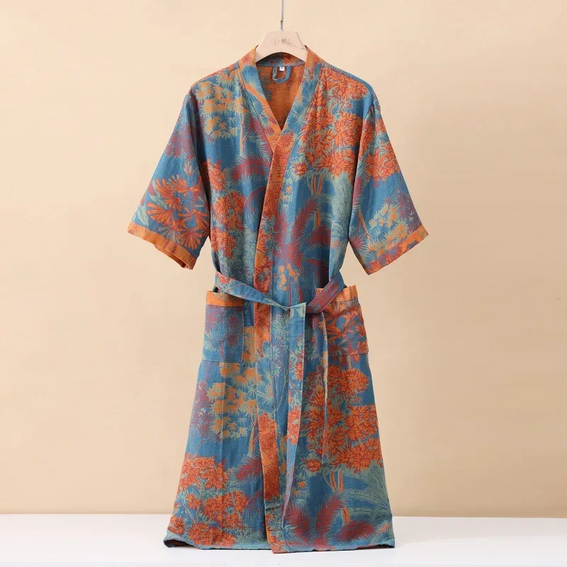 Cotton Fashionable Printed Half Sleeve Kimono Bathrobe for Spring and Summer Thin Home Wear Absorbent Quick Drying Sleeping Robe thumbnail 3
