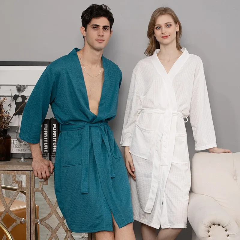 Waffle High-Quality Robe Large Size Long Men and Women Universal Residence Clothing Bathrobe Solid Black Plaid Couple Nightgowns thumbnail 4