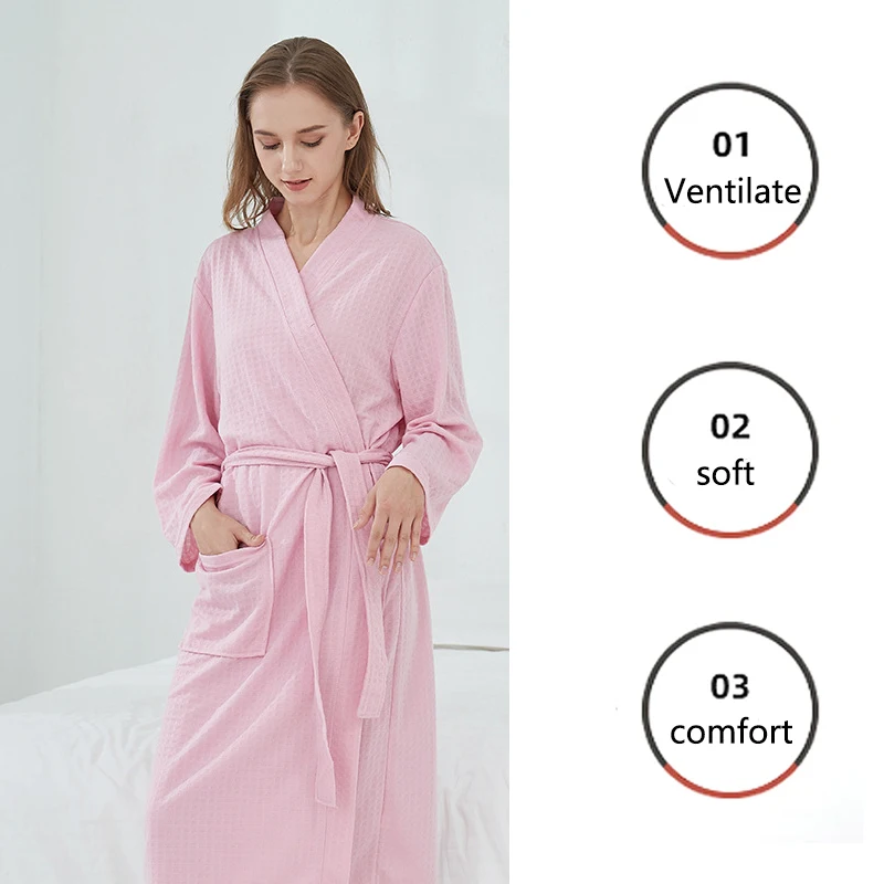 Waffle High-Quality Robe Large Size Long Men and Women Universal Residence Clothing Bathrobe Solid Black Plaid Couple Nightgowns thumbnail 2