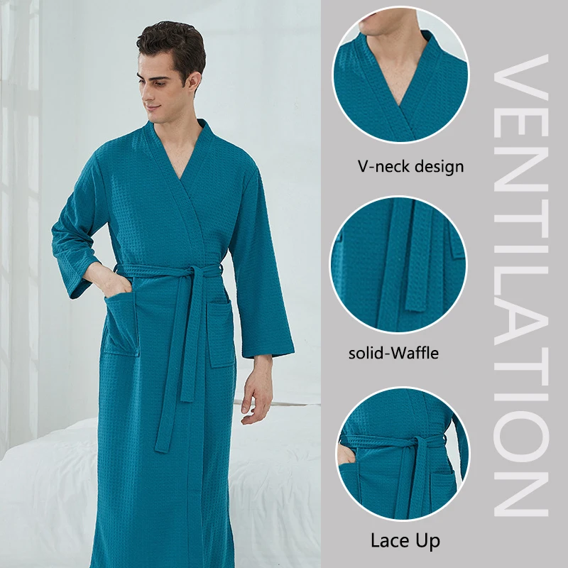Waffle High-Quality Robe Large Size Long Men and Women Universal Residence Clothing Bathrobe Solid Black Plaid Couple Nightgowns thumbnail 3