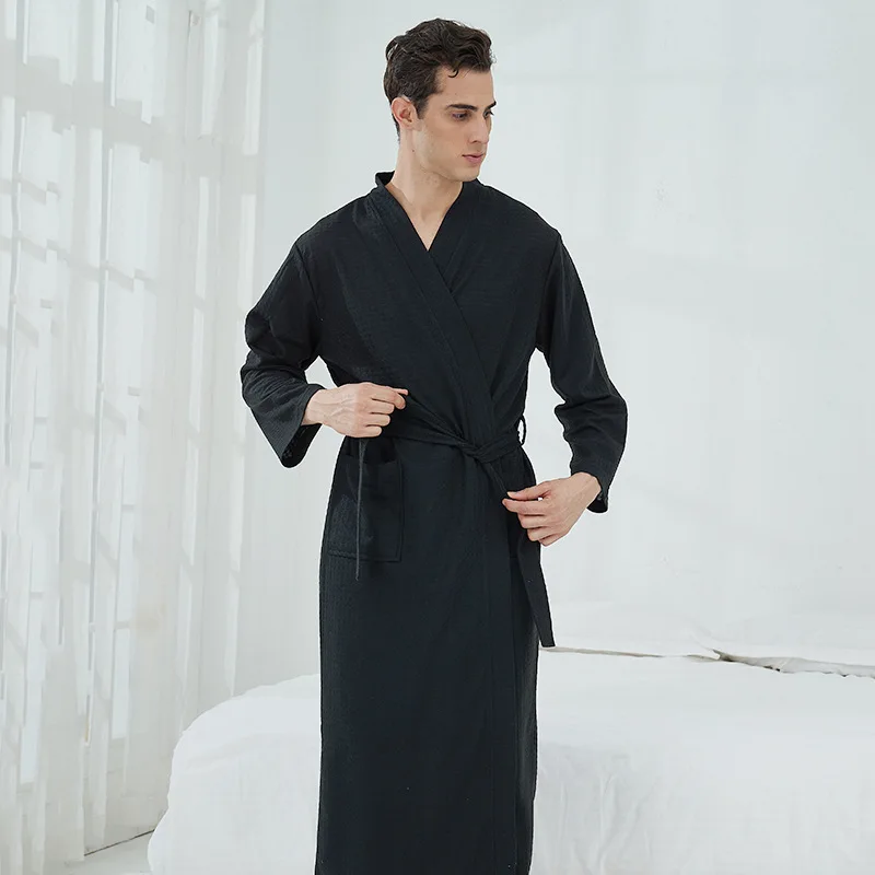 Waffle High-Quality Robe Large Size Long Men and Women Universal Residence Clothing Bathrobe Solid Black Plaid Couple Nightgowns thumbnail 5