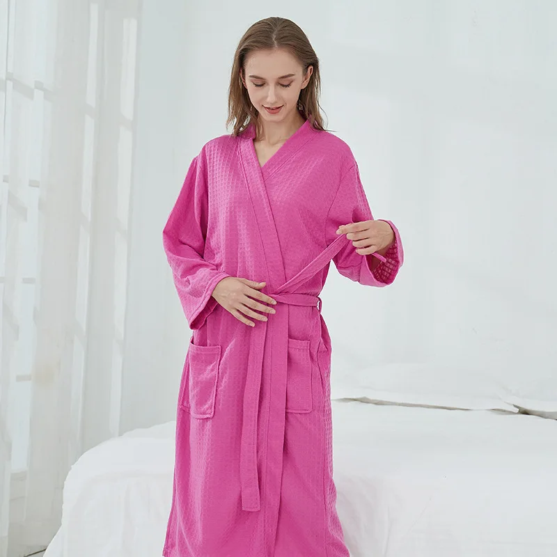Waffle High-Quality Robe Large Size Long Men and Women Universal Residence Clothing Bathrobe Solid Black Plaid Couple Nightgowns thumbnail 6