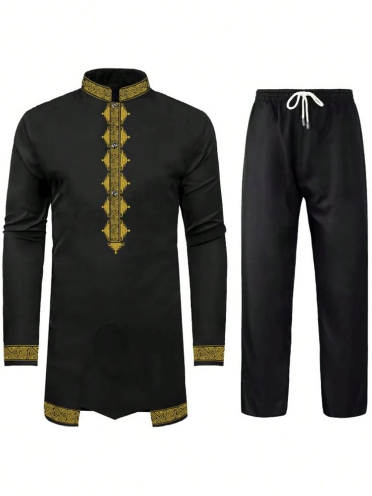Muslim Robe Pattern Printing Black White Yellow Navy Blue Long-Sleeved Trousers The Traditional Dress of Arab Men 3D thumbnail 2