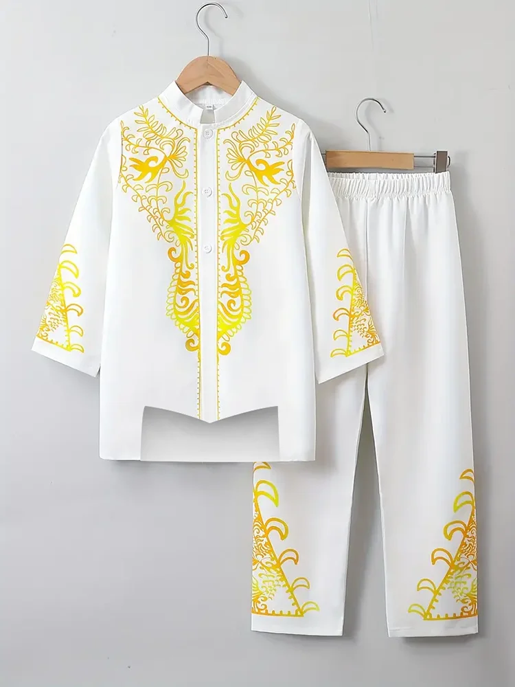 Muslim Robe Pattern Printing Black White Yellow Navy Blue Long-Sleeved Trousers The Traditional Dress of Arab Men 3D thumbnail 5