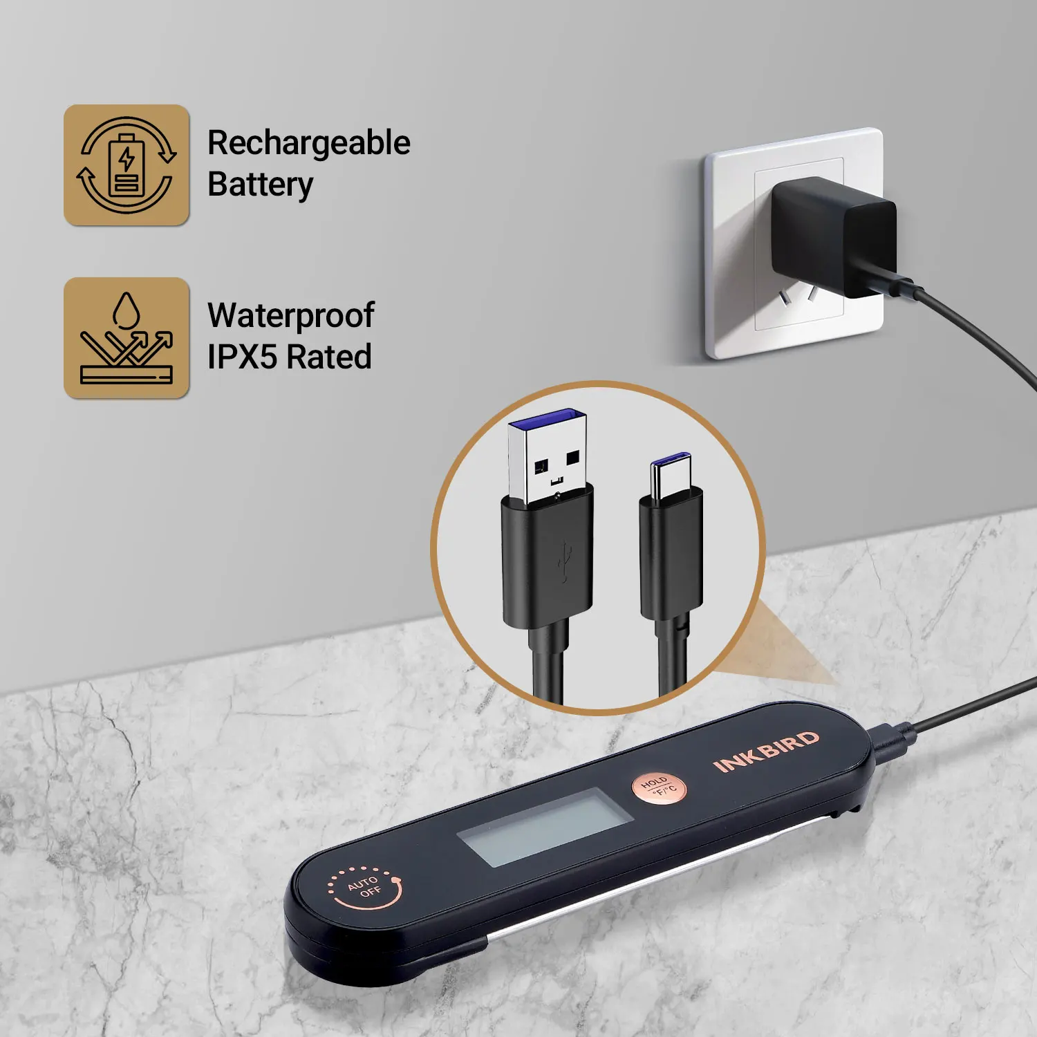 INKBIRD IHT-1X Meat Thermometer with Foldable Probes IPX5 Waterproof Rechargeable Digital Food Thermometer for BBQ,Deep Fry thumbnail 5