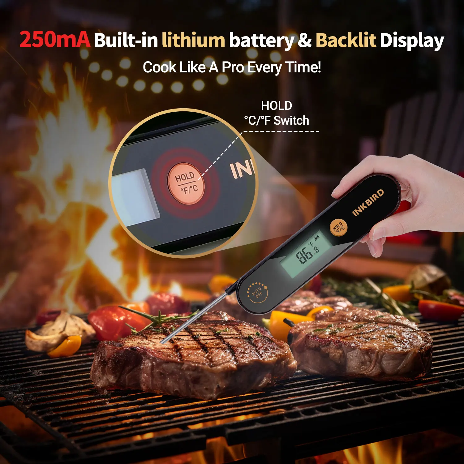 INKBIRD IHT-1X Meat Thermometer with Foldable Probes IPX5 Waterproof Rechargeable Digital Food Thermometer for BBQ,Deep Fry thumbnail 2