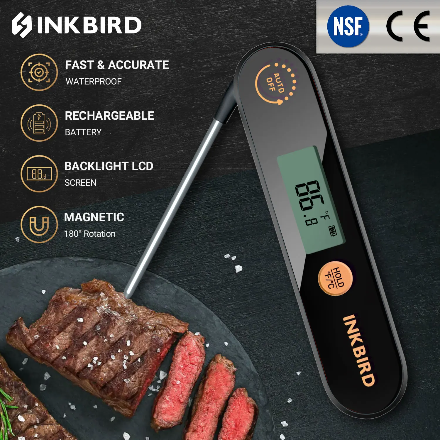 INKBIRD IHT-1X Meat Thermometer with Foldable Probes IPX5 Waterproof Rechargeable Digital Food Thermometer for BBQ,Deep Fry thumbnail 3