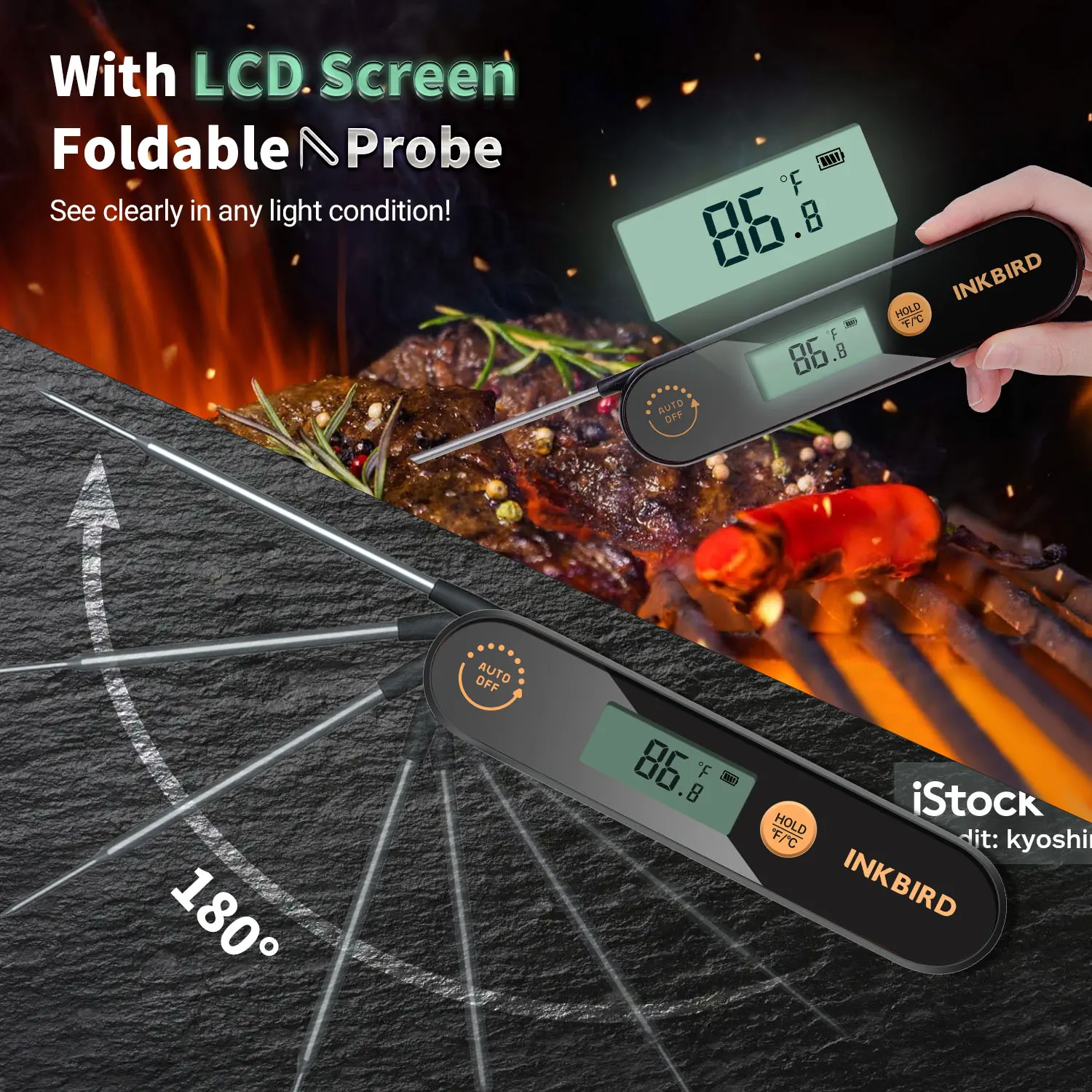 INKBIRD IHT-1X Meat Thermometer with Foldable Probes IPX5 Waterproof Rechargeable Digital Food Thermometer for BBQ,Deep Fry thumbnail 4