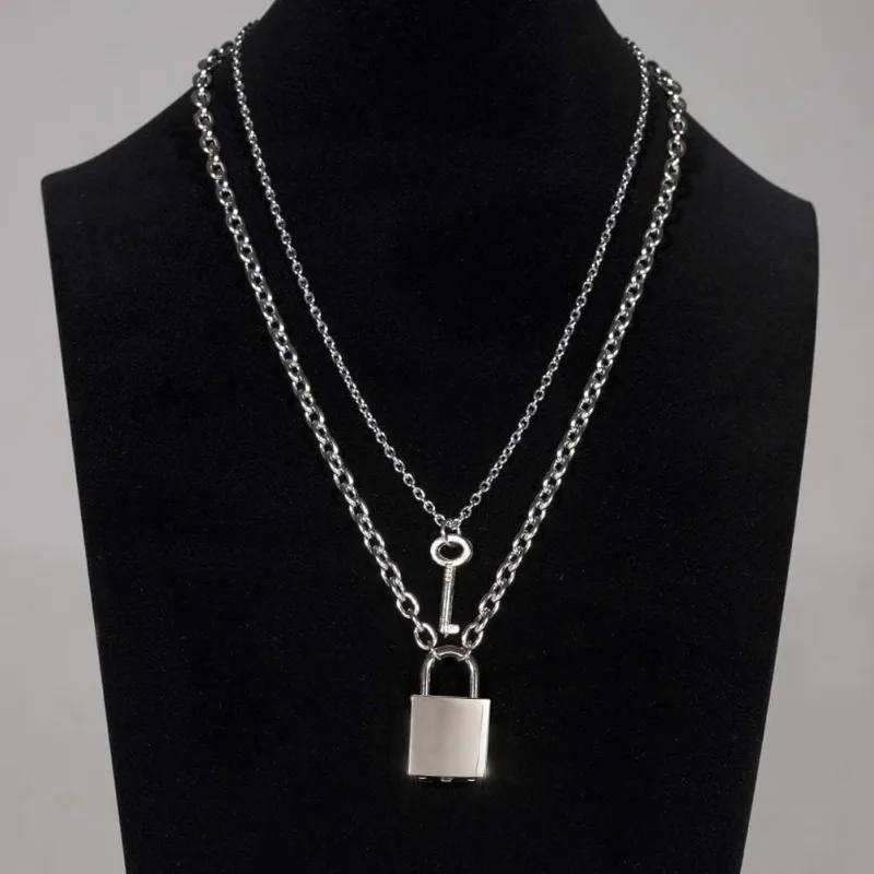 Stainless Steel Lock Key Pendant Necklace Long Chain Punk Multilayer Statement Choker Necklaces for Women Men Boy Girls thumbnail 3
