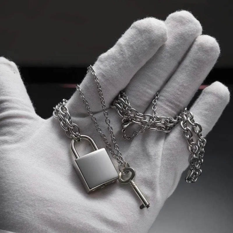 Stainless Steel Lock Key Pendant Necklace Long Chain Punk Multilayer Statement Choker Necklaces for Women Men Boy Girls thumbnail 6
