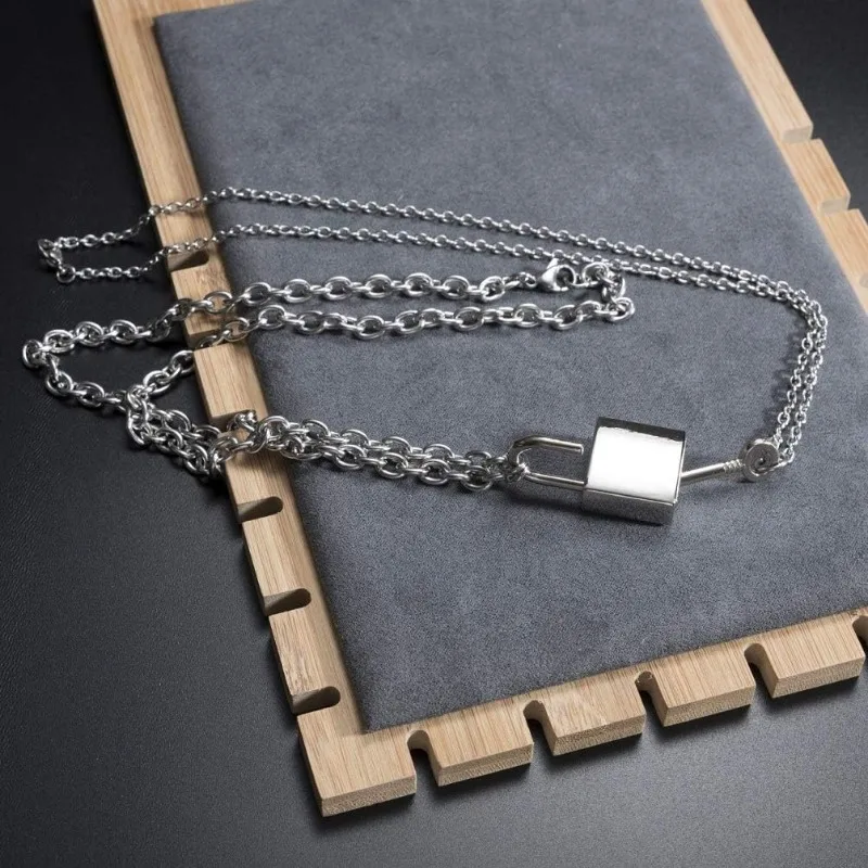 Stainless Steel Lock Key Pendant Necklace Long Chain Punk Multilayer Statement Choker Necklaces for Women Men Boy Girls thumbnail 5