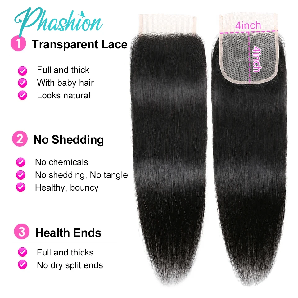 Phashion 24 26 Inch 5x5 4x4 Straight Lace Closure Only Pre Plucked Long Full Swiss Transparent Lace 100% Remy Human Hair On Sale thumbnail 4