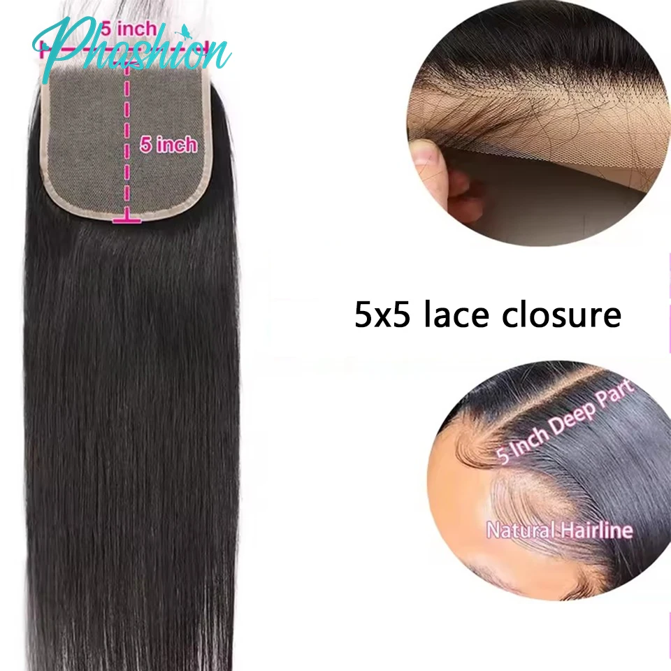Phashion 24 26 Inch 5x5 4x4 Straight Lace Closure Only Pre Plucked Long Full Swiss Transparent Lace 100% Remy Human Hair On Sale thumbnail 5