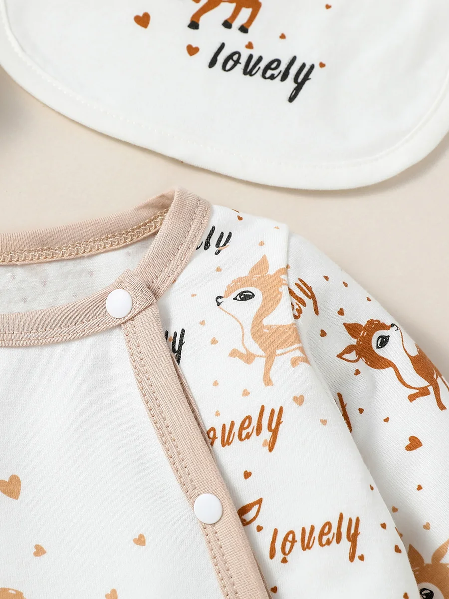 4PCS Baby unisex Long Sleeve Round Neck Animal Print With Button Casual  Jumpsuit +Bib+Hat+Gloves thumbnail 4