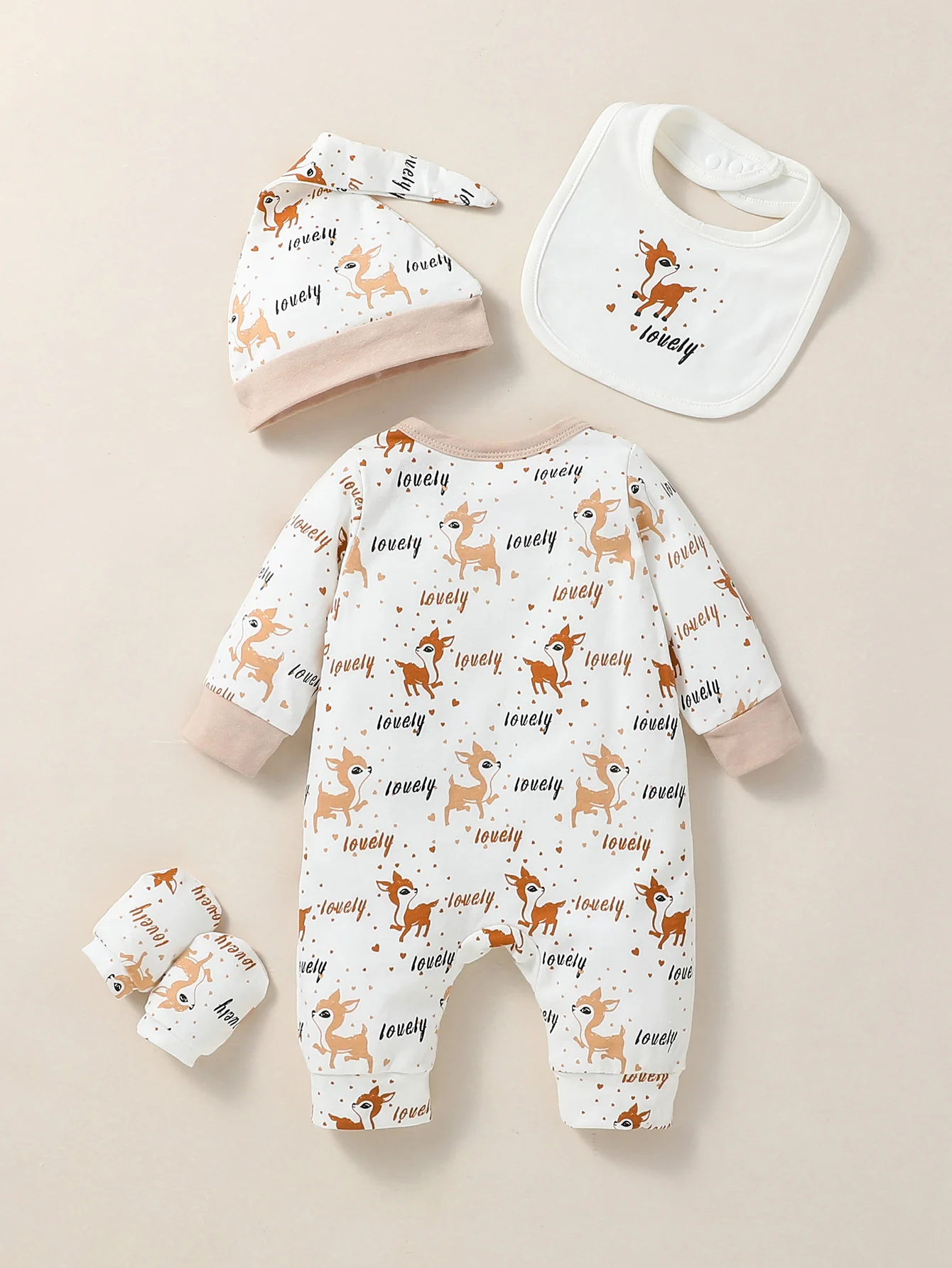 4PCS Baby unisex Long Sleeve Round Neck Animal Print With Button Casual  Jumpsuit +Bib+Hat+Gloves thumbnail 2