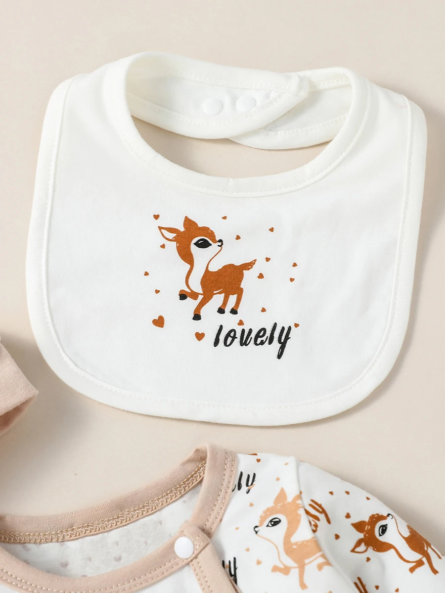 4PCS Baby unisex Long Sleeve Round Neck Animal Print With Button Casual  Jumpsuit +Bib+Hat+Gloves thumbnail 3