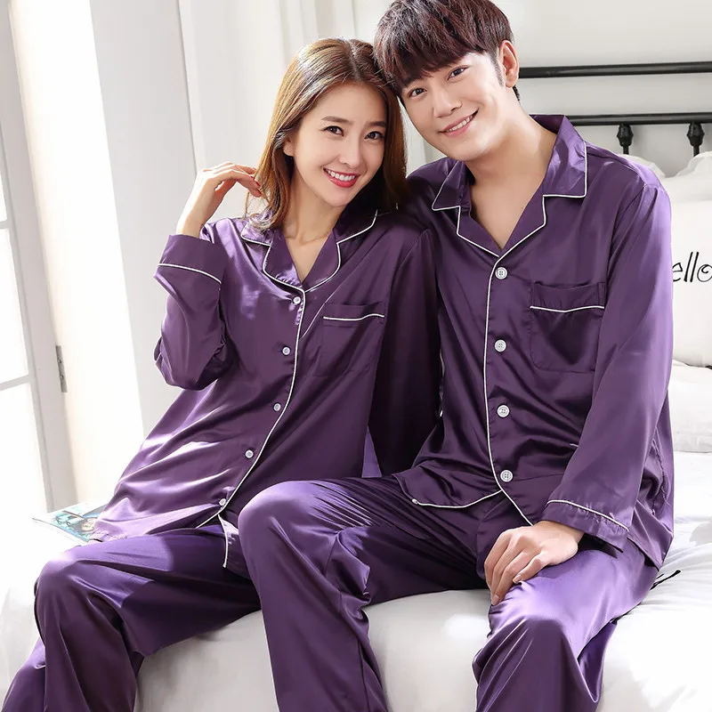 Solid Color Sleepwear Silk Satin Pajamas Couple Set Long Button-Down Pyjamas Suit Pijama Women Men Loungewear Plus Size Pj Set thumbnail 5