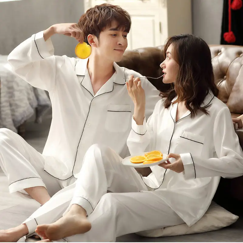 Solid Color Sleepwear Silk Satin Pajamas Couple Set Long Button-Down Pyjamas Suit Pijama Women Men Loungewear Plus Size Pj Set thumbnail 4