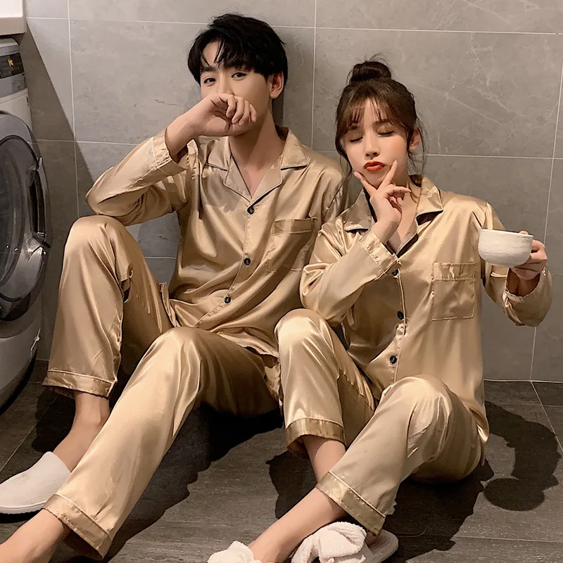 Solid Color Sleepwear Silk Satin Pajamas Couple Set Long Button-Down Pyjamas Suit Pijama Women Men Loungewear Plus Size Pj Set thumbnail 6
