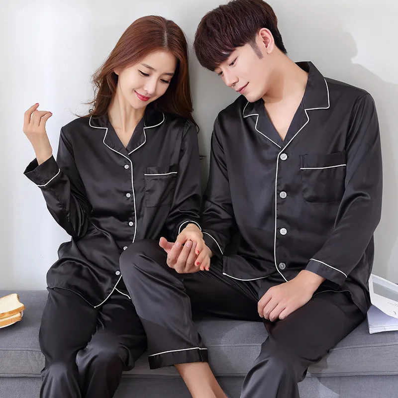 Solid Color Sleepwear Silk Satin Pajamas Couple Set Long Button-Down Pyjamas Suit Pijama Women Men Loungewear Plus Size Pj Set thumbnail 3