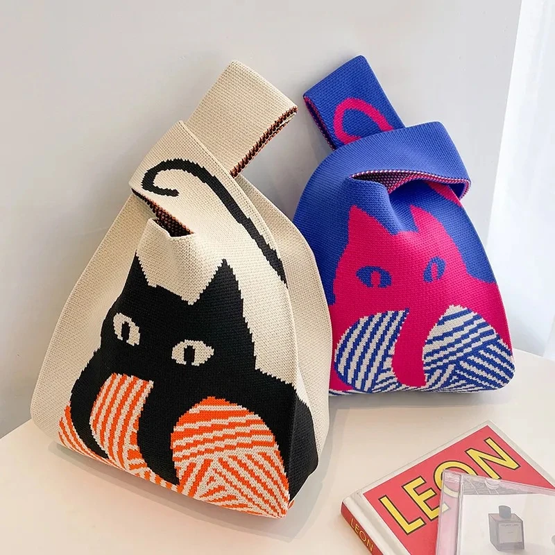 Fashion Handmade Knit Handbags Women Mini Knot Wrist Bag Korean Casual Tote Bag Reusable Shopping Bags thumbnail 4