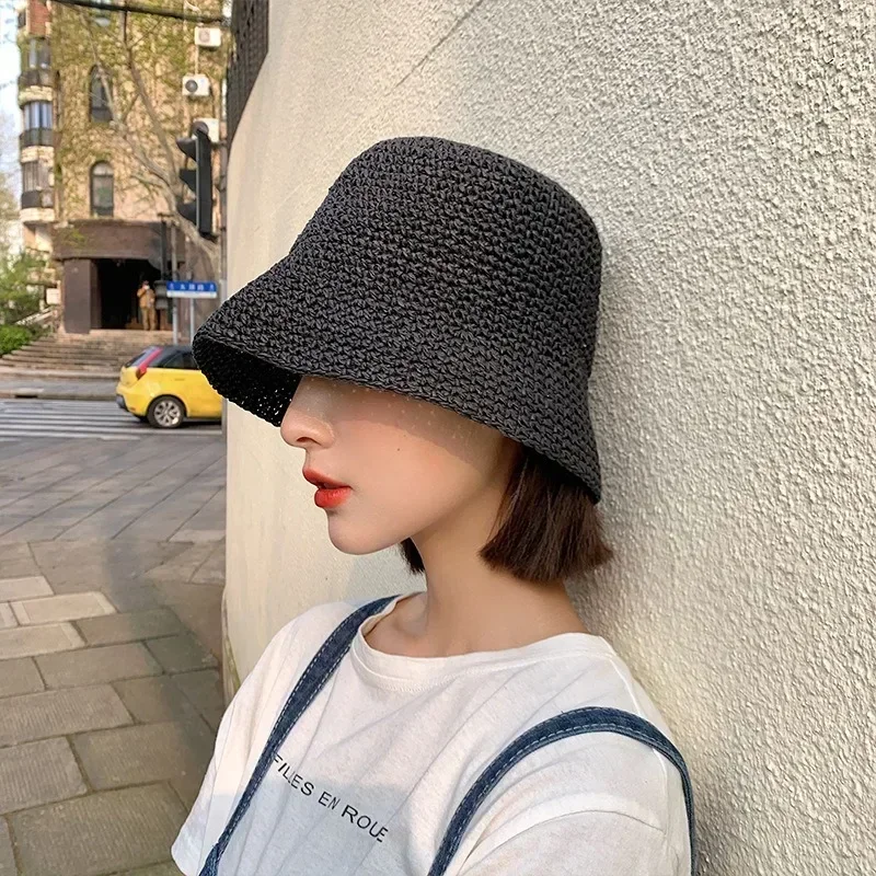 Beach Korean Straw Hat Summer Women Visor Bucket Hat Fisherman Hat Hand Weaving Panama Girl Fishing Chapeau Sun Hats for Women thumbnail 4