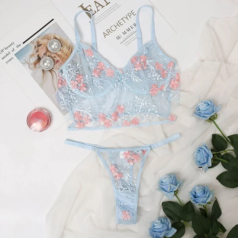Lace Floral Embroidery See Through Bra Panties Set Women Underwear Erotic Sexy Lingerie Female 2 Pieces Bra Brief Sets thumbnail 4
