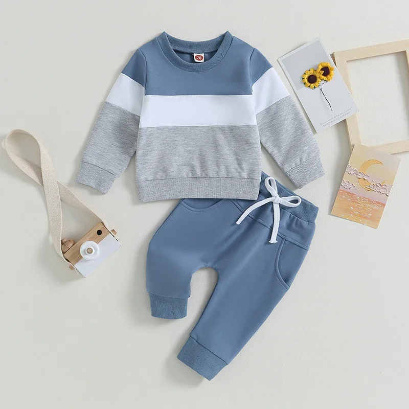 Toddler Baby Boy Fall Winter Clothes Color Block Long Sleeve Sweatshirt Pullover Top Pants Sweatsuit Set Outfits 0-3T thumbnail 3