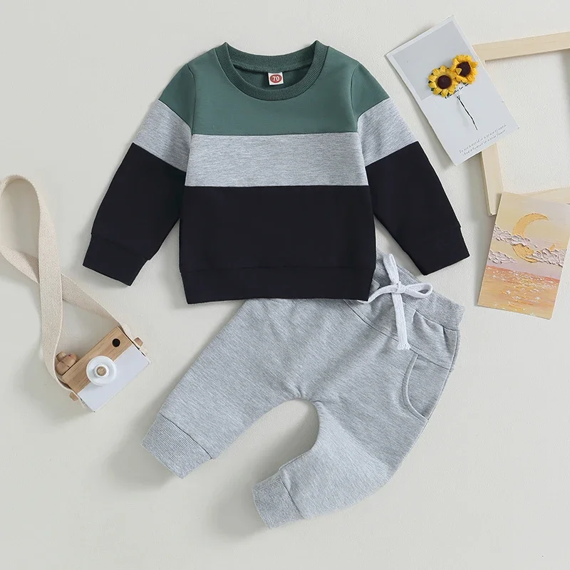 Toddler Baby Boy Fall Winter Clothes Color Block Long Sleeve Sweatshirt Pullover Top Pants Sweatsuit Set Outfits 0-3T thumbnail 2