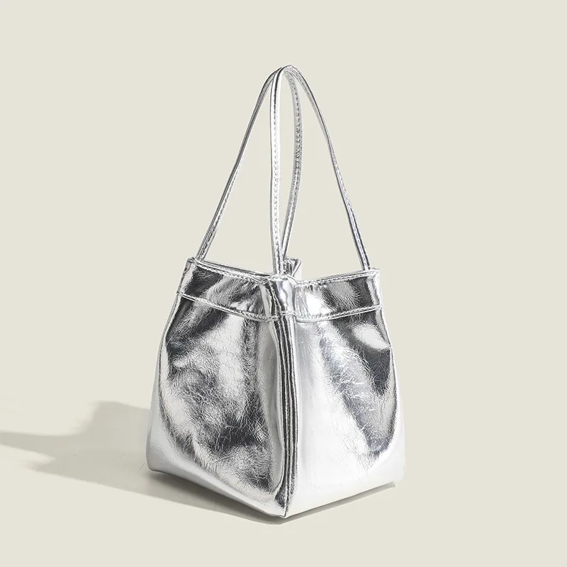 Silver bucket bag for women 2024 new fashionable and simple lunch box bag, niche western-style texture hand-held small bag thumbnail 2