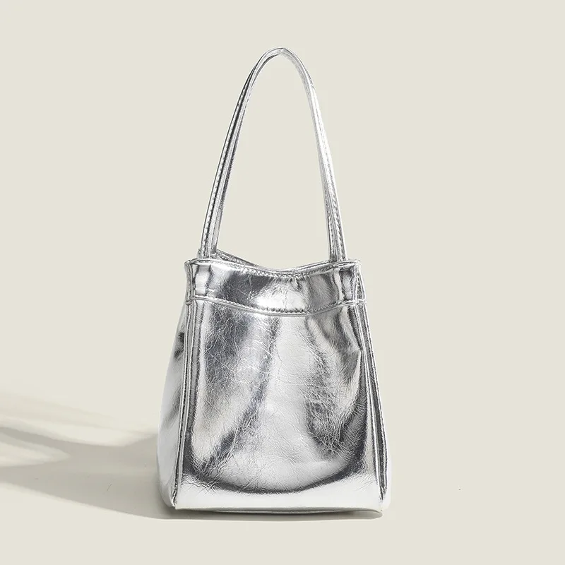 Silver bucket bag for women 2024 new fashionable and simple lunch box bag, niche western-style texture hand-held small bag thumbnail 3