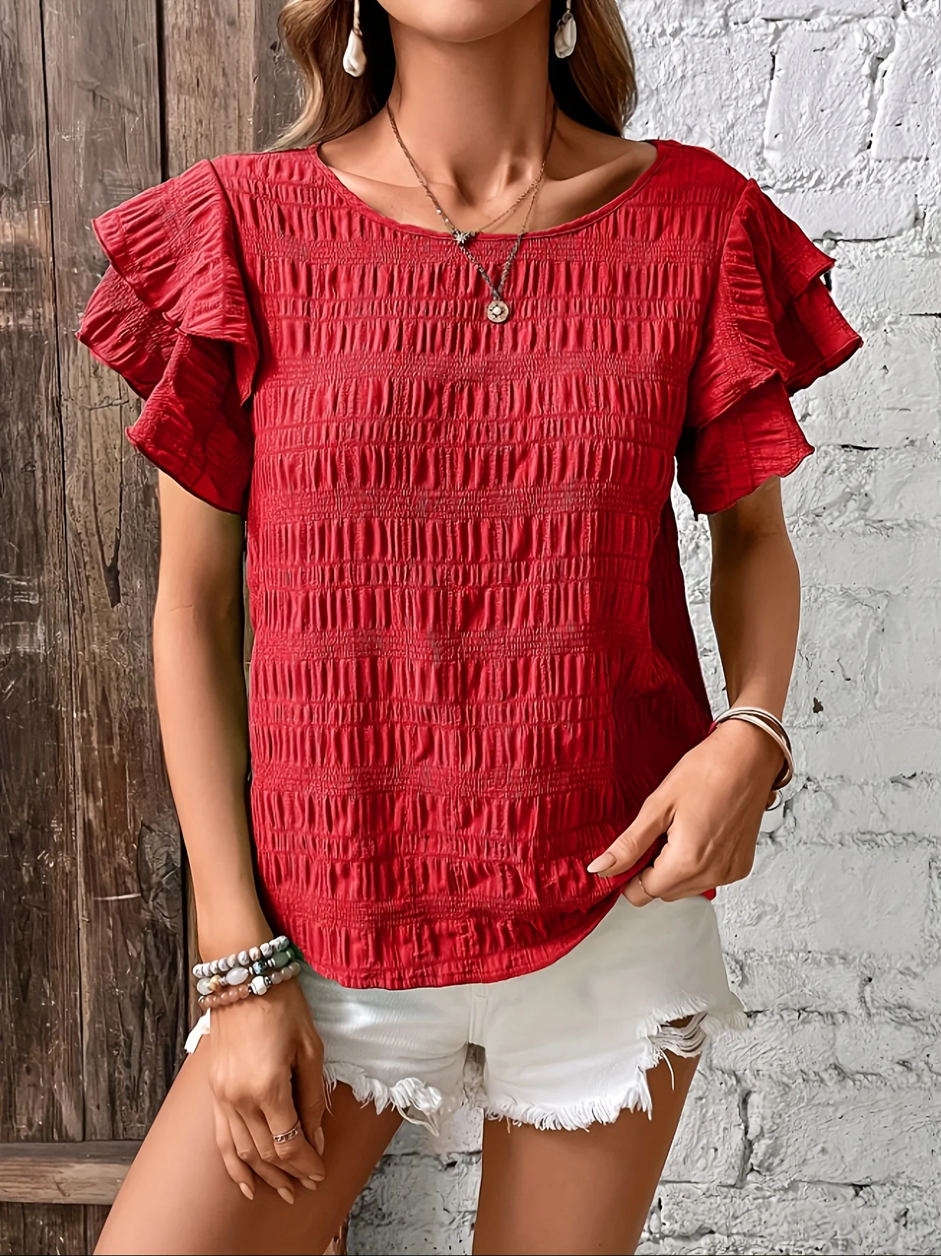 Summer Elegant Solid Shirt for Women Casual Office Lady Blouses Vintage Butterfly Sleeve O Neck Tops thumbnail 5