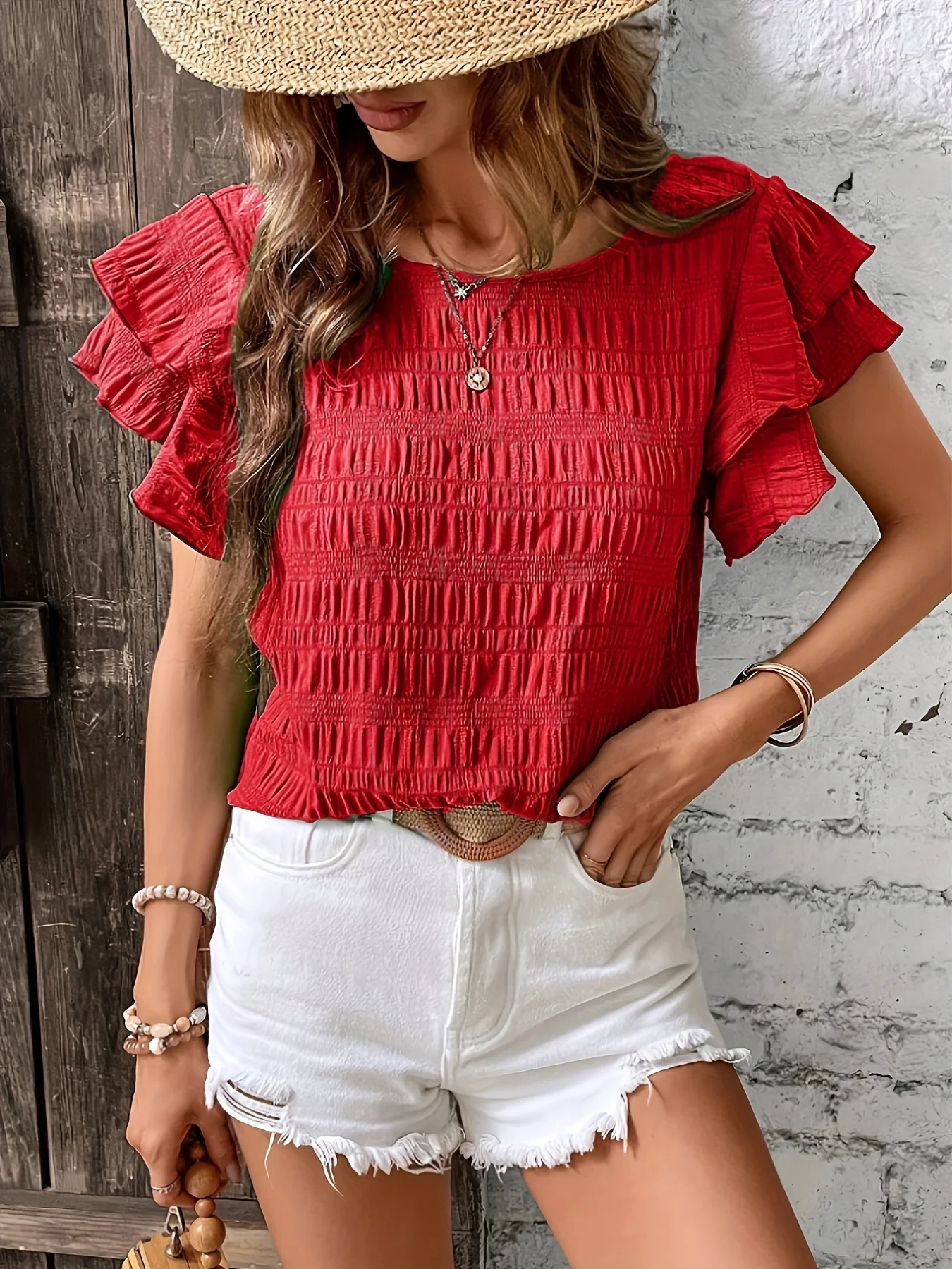 Summer Elegant Solid Shirt for Women Casual Office Lady Blouses Vintage Butterfly Sleeve O Neck Tops thumbnail 3