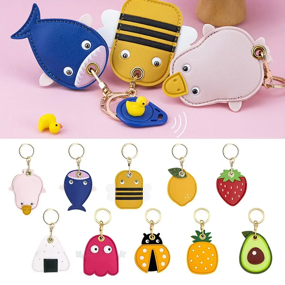 Useful Leather For Airtag Protective Sleeve Access Control Card Cover With Keychain Cartoon Fruit Badge Card Holders